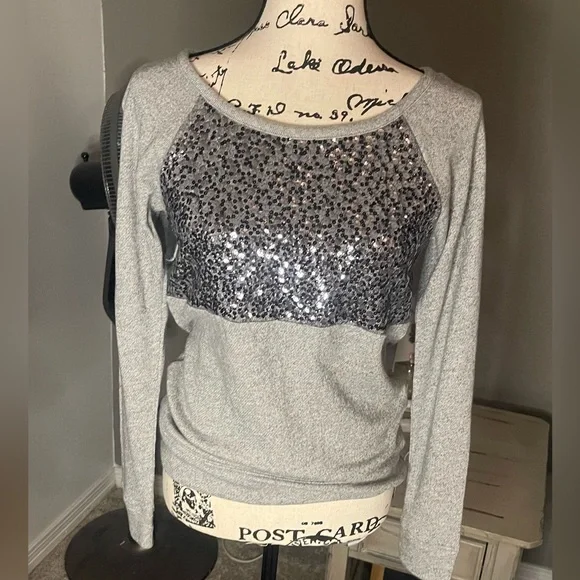 Express Grey Super Soft Sweatshirt Style- Size XS sequins are black & Silver - Picture 3 of 9